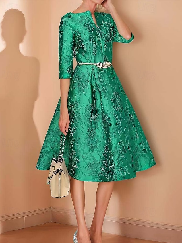  Robe mère de la mariée A-Line élégante minimaliste à col en V longueur thé en jacquard à demi-manches avec ceinture embellie robe de jour de course robe invitée de mariage