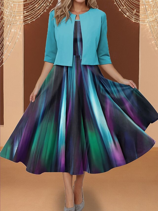 Women's Two Piece Dress Sets Midi Dress with Jacket Elegant A Line Dress Half Sleeve Print Dress Ombre Print Crew Neck Daily Blue Spring Fall Regular Fit4