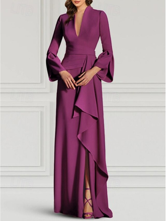  robe de soirée sirène / trompette robe élégante robe formelle de mariage invité balayage / pinceau train manches longues col en V crêpe extensible avec plis bretelles froncées 2025