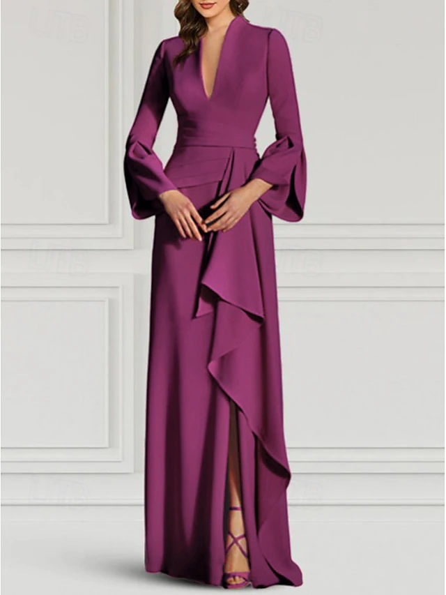 Mermaid / Trumpet Evening Gown Elegant Dress Formal Wedding Guest Sweep / Brush Train Long Sleeve V Neck Stretch Crepe with Pleats Ruched Strappy 5