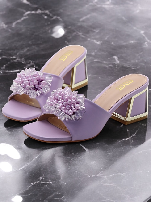  Women's Purple Slide Sandals with Pearl and Bead Embellishments – Fashionable Chunky Heel Mules for Casual Outings and Evening Events