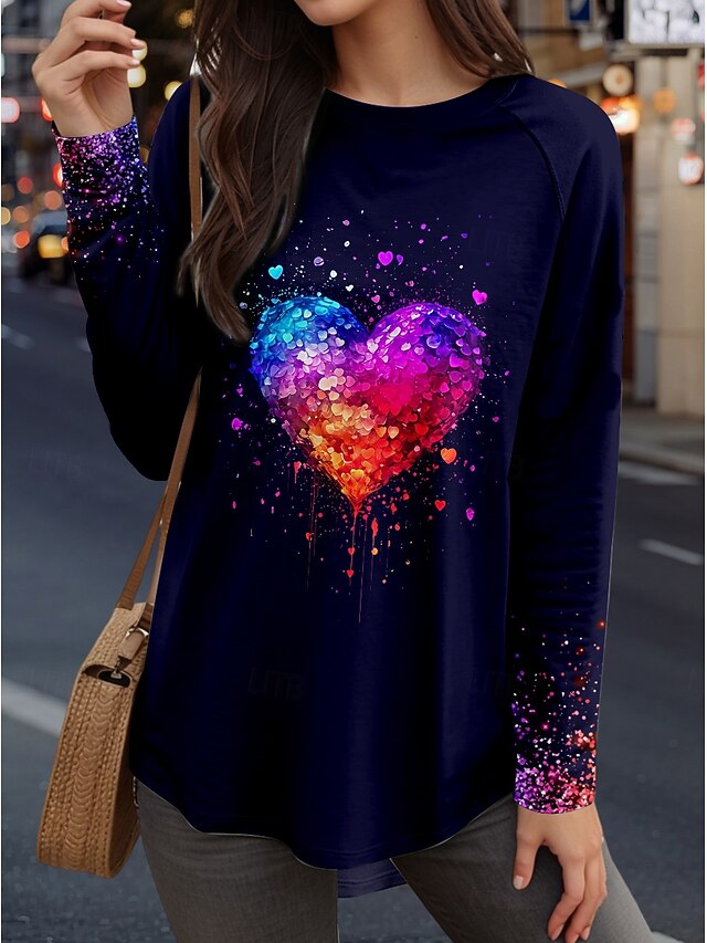 Valentine's Day Women's T Shirt Heart Casual Long Sleeve Crew Neck Long Tops Daily Print Black Spring Fall4