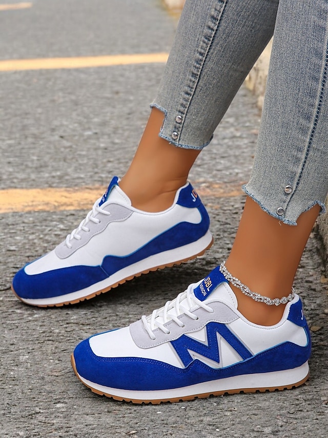  Women's Royal Blue Retro Lace-Up Sneakers with Faux Suede Accents – Lightweight Casual Shoes for Everyday Wear and Outdoor Activities