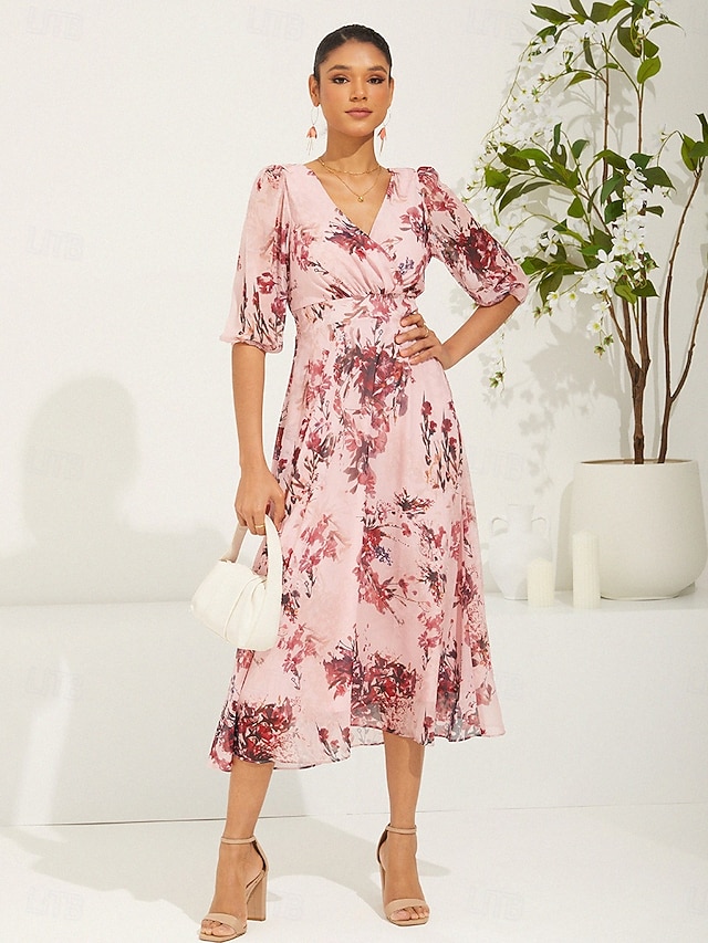  Dámské Midi šaty Šifonové šaty Elegantní stylové Nahoře nabírané Svatební Svatební host Denní Běžný Květinový Poloviční rukáv Do V Světlá růžová Léto Jaro Podzim
