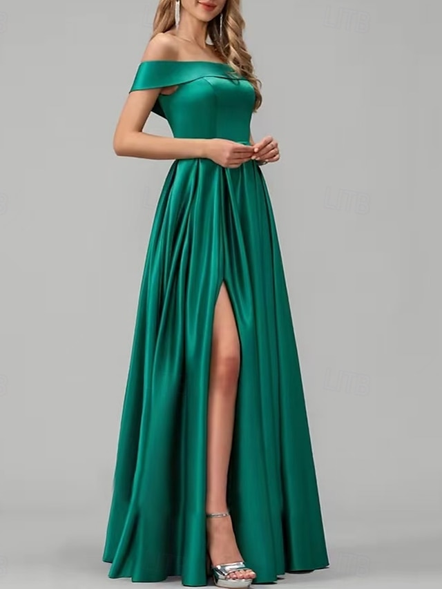  A-Linje Brudtärna Klänning Off Shoulder Kort Ärme Elegant Golvlängd Shantung  Jersey med Fickor  Drapering  Enfärgad