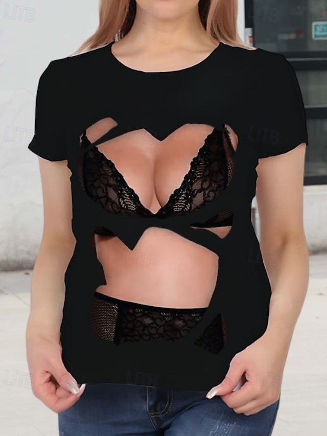  Valentine Women's Funny T Shirt Casual Graphic Regular Tops Short Sleeve Round Neck Print Regular Fit Daily Black Summer