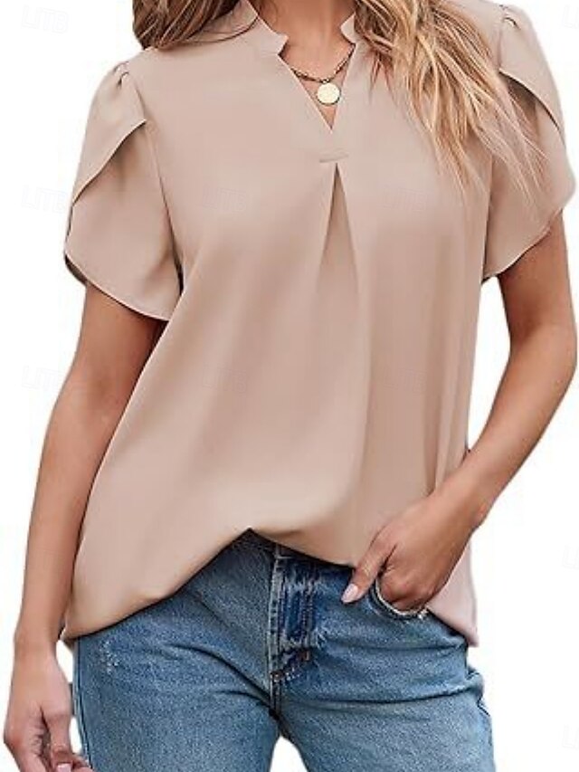 Dames Overhemd Blouse Effen Kleur Basic Casual Korte mouw Gekerfde nek Normale tops Dagelijks Blozend Roze Groen Zomer
