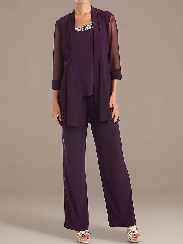  Tuta  pantalone per la madre della sposa elegante semplice scollo quadrato top in canottiera con dettagli di perline lungo fino al pavimento crepe con giacca in chiffon a manica 3/4