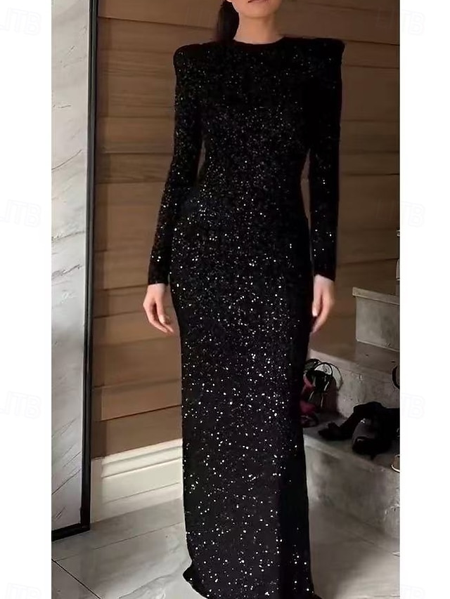  Sheath  Column Abendkleid Partykleid Abendparty Party-Bekleidung Bodenlang Langarm Rundhalsausschnitt Spandex Rückenfrei mit Glitzer Paillettenstickerei