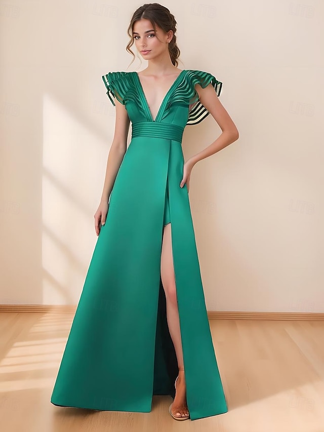  Vestido de noite em linha a, vestido elegante, festa formal, comprimento até o chão, sem mangas, decote em v, cinto/faixa, cetim com fenda 2025