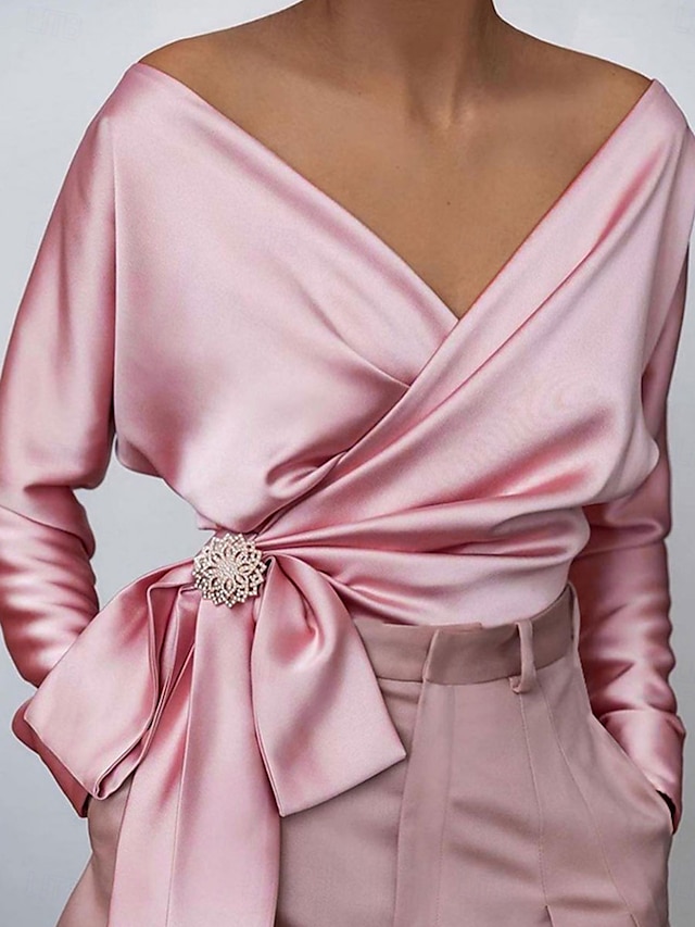  Per donna Blusa Tinta unica Elegante Sportivo Giornaliero Manica lunga A V Top regolari Giornaliero legare davanti Rosa Blu Estate Primavera Autunno