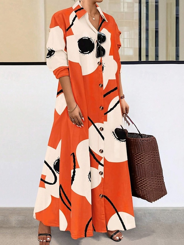  Women's Long Dress Maxi Dress Shirt Dress Casual Dress Summer Dress Stylish Casual Vacation Daily Date Regular Fit Floral Graphic Long Sleeve Lapel Black And White Black Blue Orange Summer Spring
