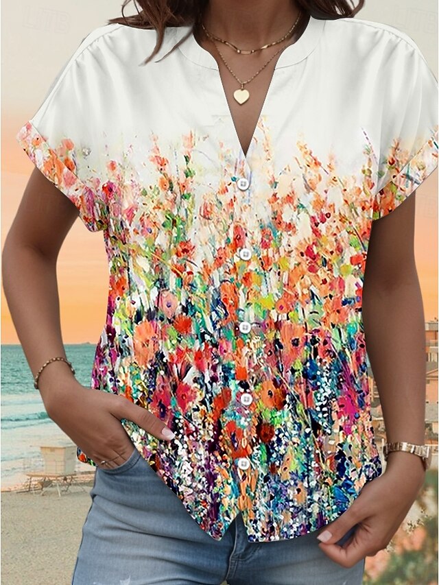 Women's Shirt V Neck Button Down Blouse Floral Graphic Stylish Beach Short Sleeve Shirt Collar Regular Tops Daily Buttons Print Orange Spring Fall4