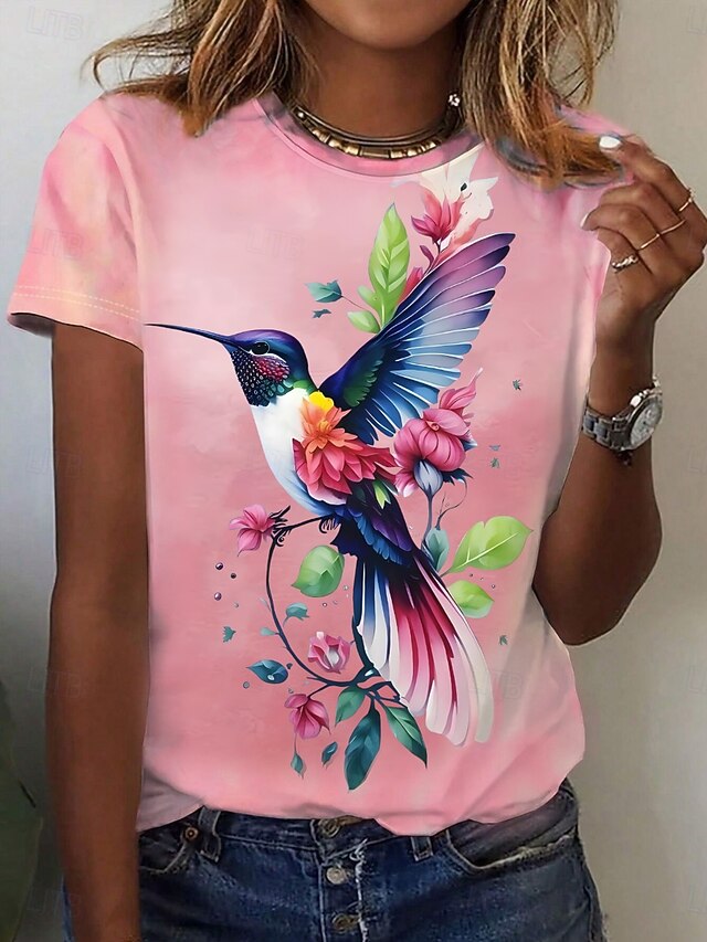 Women's T Shirt Floral Bird Casual Short Sleeve Round Neck Regular Tops Daily Print Pink Summer4