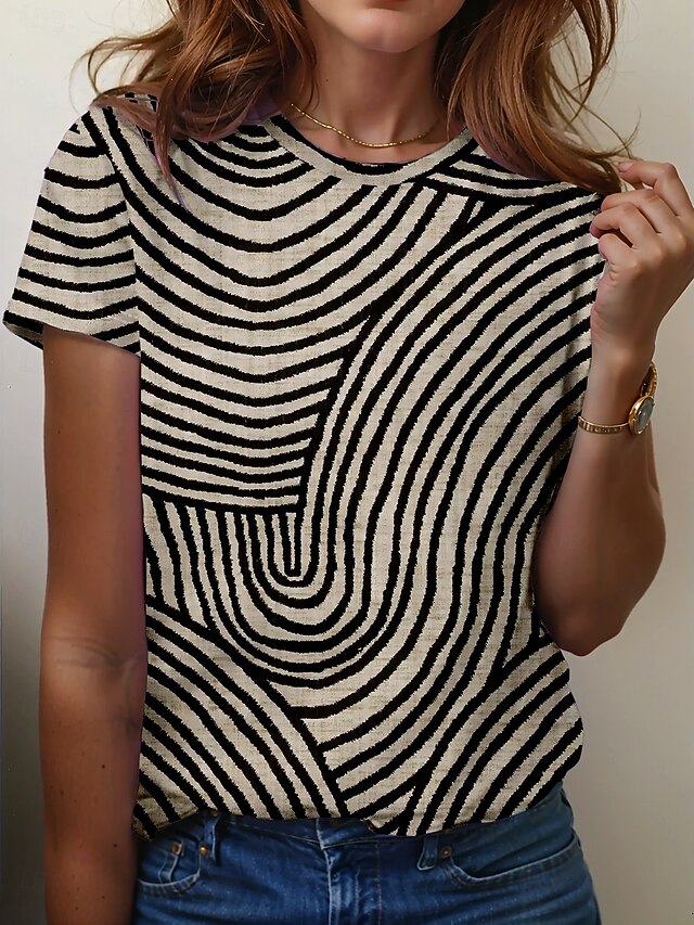 Women's T Shirt Striped Vintage Casual Short Sleeve Round Neck Regular Tops Daily Print Black Summer4