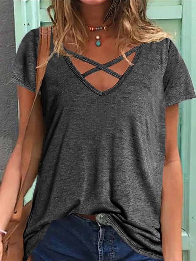Women's T Shirt Plain Casual Short Sleeve V Neck Regular Tops Daily Weekend Cut Out Army Green Gray Summer4
