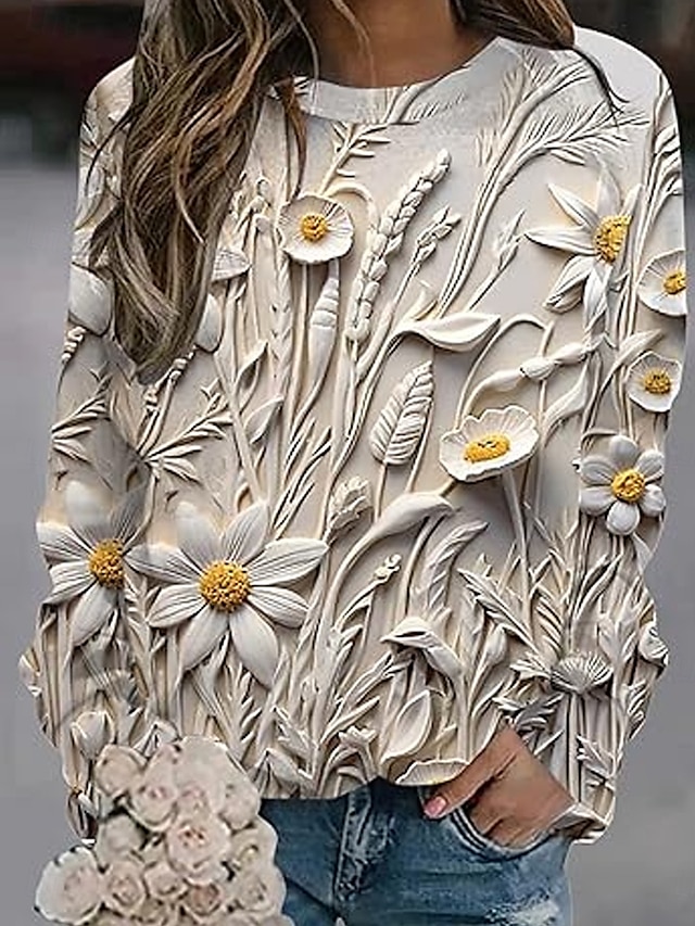  Dame Genser med genser Blomstret Fritid Langermet Crew-hals Vanlige topper Gate Hverdag Trykt mønster Beige Høst Vinter