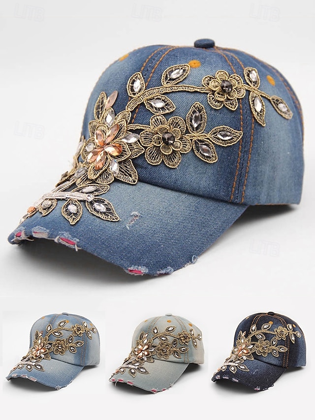  casquette de baseball en denim à imprimé floral pour femme avec détails en strass et perles – chapeau décontracté tendance pour l'extérieur, le quotidien et l'été