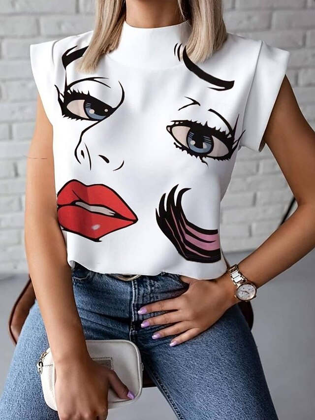 Women's Camisole Tank Top Graphic Abstract Stylish Casual Short Sleeve Turtleneck Regular Tops Daily Print White Khaki Summer Spring4