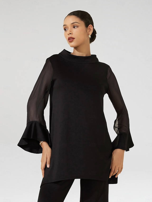  camicetta nera da donna con collo alto, in chiffon, modal, patchwork, polsini svasati, vestibilità slim, elastica, elegante, casual, da ufficio