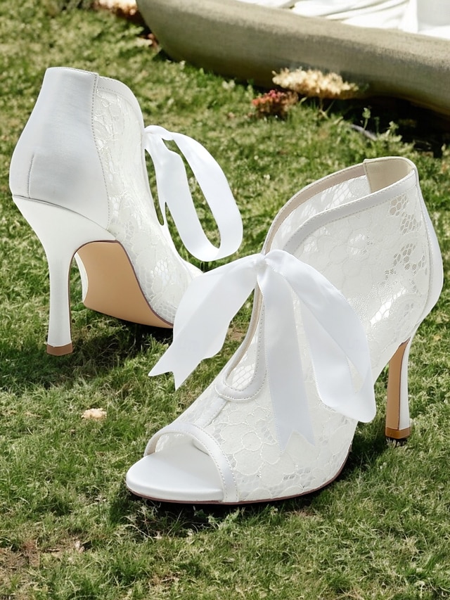  papuci de damă din dantelă albă cu vârf deschis la gleznă cu cravată panglică din satin – pantofi de mireasă eleganți cu toc înalt pentru mirese