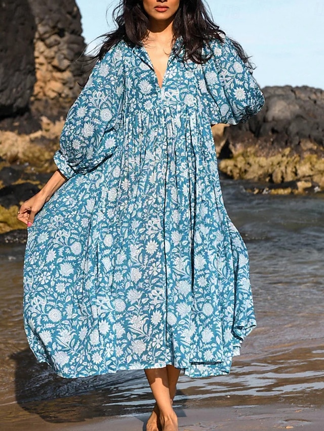  Pentru femei Rochii Midi Rochie casual Stilat Casual Vacanță Zilnic Fit regulat Floral Lungime Manșon 3/4 Stil Nautic Bleumarin Albastru piscină Primăvară Toamnă