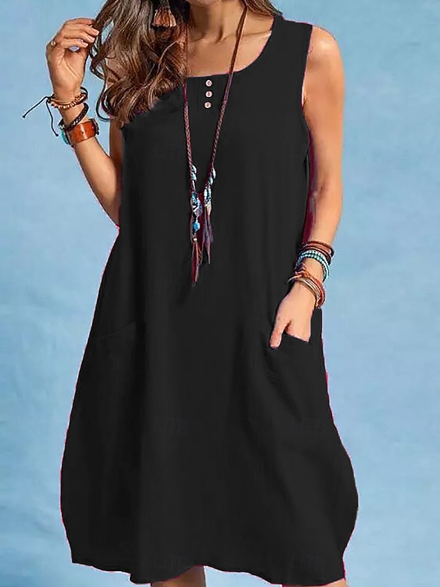  Women's Maxi Dress Linen-Inspired Dresses Casual Dress Stylish Basic Casual Vacation Daily Regular Fit Plain Sleeveless Crew Neck Black Red Blue Summer Spring