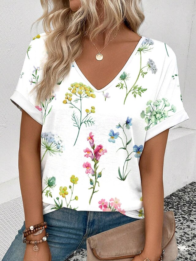 Women's T Shirt Floral Stylish Casual Short Sleeve V Neck Regular Tops Daily Print White Summer4