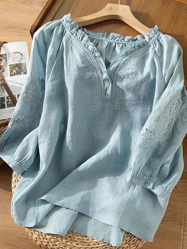  Per donna Camicia Camicie ispirate al lino Blusa Tinta unica Elegante Casual Manica 3/4 Scollo a V Top Regolari Quotidiano Volant Ricamato Bottoni Bianco Blu Estate Primavera Autunno