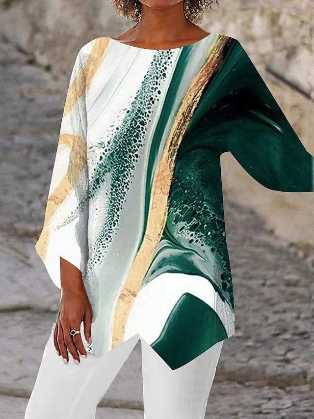  Kvinners Bluse Langermet Asymmetrisk Hem Chiffon Grunnleggende Blomstertrykk Vanlige Topper Rund hals Uformell Daglig Grønn Vår Høst