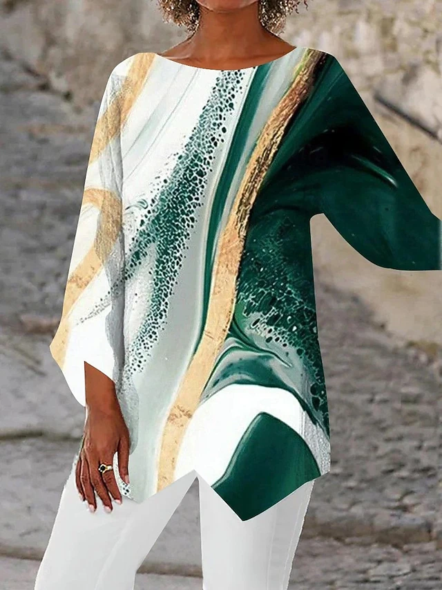 Women's Blouse Long Sleeve Asymmetrical Hem Chiffon Basic Floral Print Regular Tops Round Neck Casual Daily Green Spring Fall 6