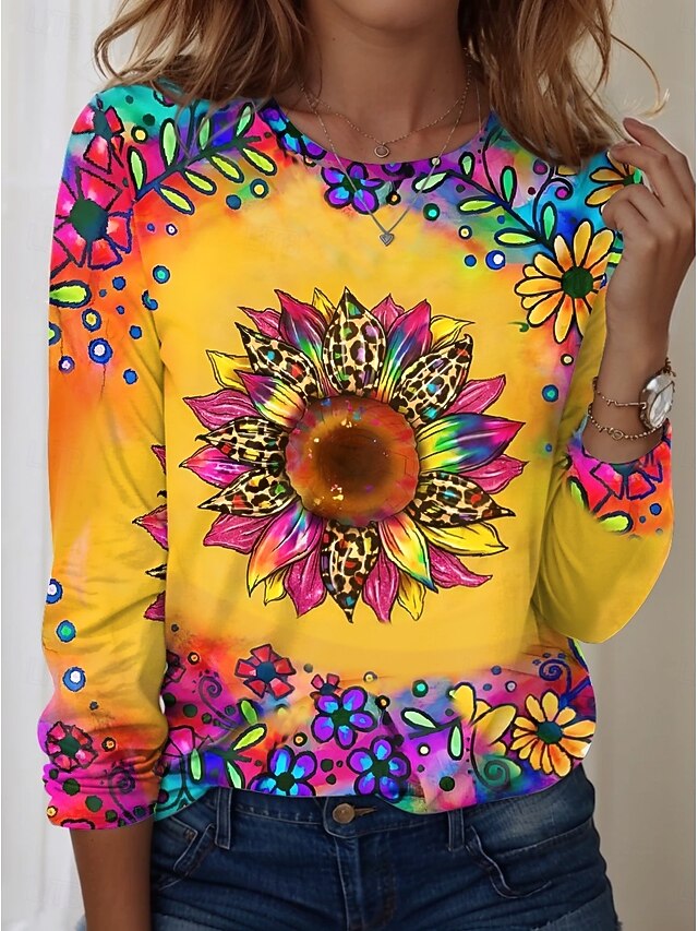 Women's T shirt Crew Neck Long Sleeve Tunic Sunflower Vintage Casual  Regular Tops Daily Print Yellow Spring Fall4