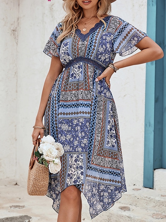  Dame Midikjole Hverdagskjole Boho smarte kjoler Boho-kjole Boheme Etnisk Afslappet Ferierejse Daglig Løstsiddende Blomstret Kortærmet V-hals Blå Sommer Forår