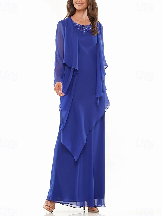  A-Linie Kleid Kleid Sets Brautmutter Kleid Elegant Einfach Rundhalsausschnitt Bodenlang Chiffon Langärmel mit Perlen tierende Rüschen 2025