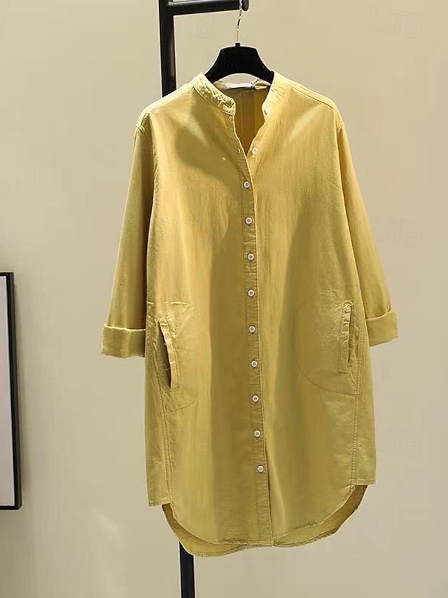  Women's Long Dress Maxi Dress Linen-Inspired Dresses Shirt Dress Casual Dress Cotton Linen Dress Stylish Casual Vacation Daily Date Regular Fit Plain Long Sleeve Stand Collar White Yellow Pink Green