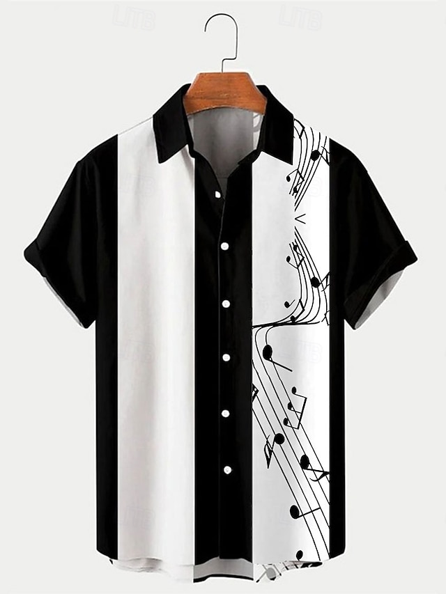  Men's Musical Notes Summer Shirt Bowling Shirt Button Up Shirt Short Sleeve Fashion 1950s Casual Daily Summer Turndown Print Black Pink Blue Green