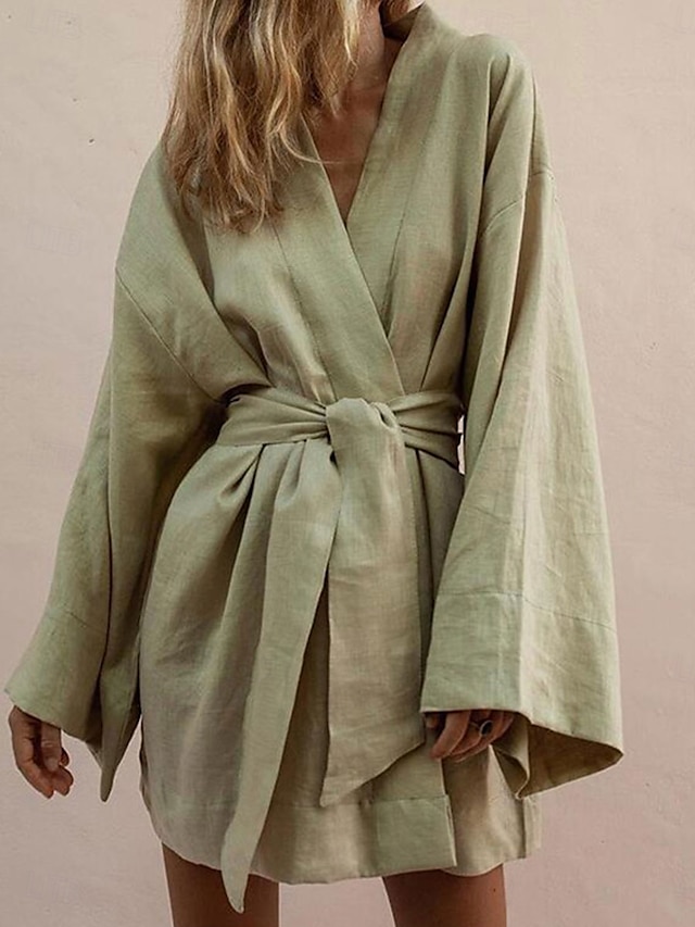  Per donna Mini Abito Abiti in cotone e lino Essenziale Casual Vacanza Feste Quotidiano Vestibilità comoda Semplice Manica Lunga Scollo a V Bianco Verde Primavera Autunno