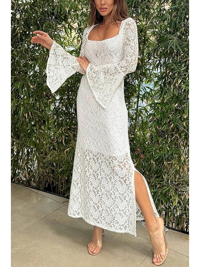  Damen Maxidress Weißes Kleid schwarzes kleid Spitzenkleid Elegant Stilvoll Sexy Hochzeit Urlaub Party Regular Fit Langarm Quadratischer Ausschnitt Schwarz Weiß Sommer Frühling Herbst Winter