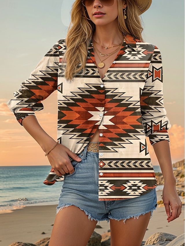  Women's Shirt Geometric Casual Long Sleeve Shirt Collar Regular Tops Daily Buttons Print Brown Spring Fall