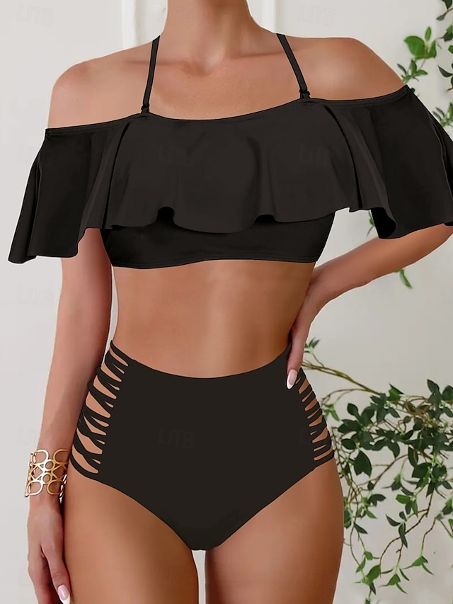  Dam Badkläder Bikini 2 st Kalsonger Baddräkt Volang Öppen rygg Smal Hög midja Semester Standkläder Ensfärgat Halterneck Kort ärm Baddräkter