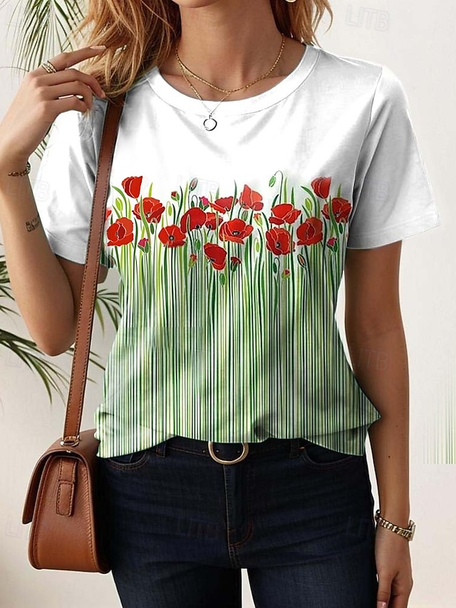  Femme T shirt Floral Décontractées Manche Courte Col Rond Hauts réguliers du quotidien Imprimer Vert Eté