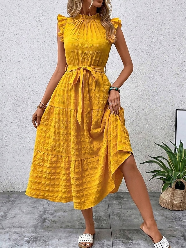  Damskie Sukienka maxi Codzienne sukienki Sukienka A line Elegancki Podstawowy Codzienny Urlop Codzienny Regularny Równina Bez rękawów W serek Żółty Rumiany róż Lato Wiosna