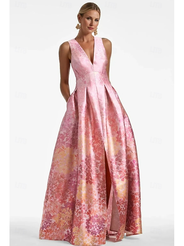  A-linjeformad aftonklänning hög slitsklänning strandbröllop formell bröllopsgäst golvlängd ärmlös V-hals ficka satin med blommigt tryck slitsficka tävlingsdag klänning bröllopsgäst klänning