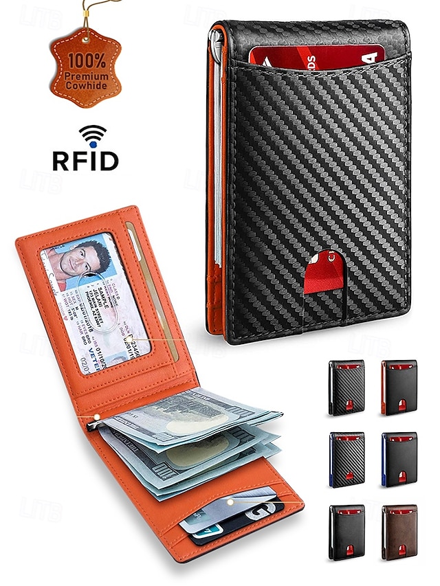  男性用 RFID ブロック ウォレット - プレミアム牛革、スリムなデザイン、複数のカード スロット、現金用コンパートメント付き、旅行や日常使用に最適、カラー ブラック オレンジ