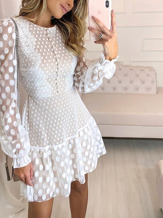  Per donna Mini abito Abito di pizzo Abito casual Abito linea A Abito estivo Moda Informale Da mare Giornaliero Appuntamento Standard Liscio Manica lunga Girocollo Bianco Estate