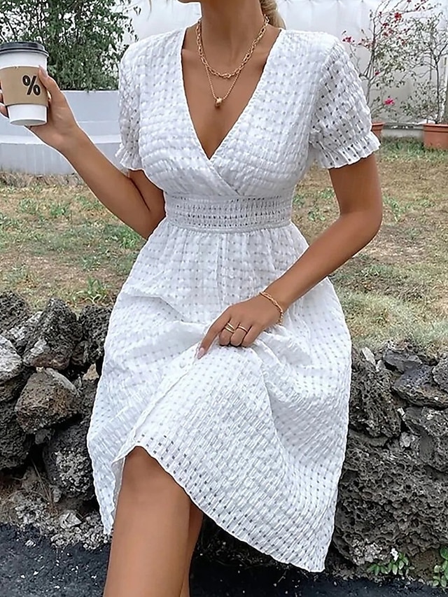  Per donna Abito Lungo Maxi Abito Abiti ispirati al lino Abito Bianco Vestito Casual Elegante Casual Boho Vacanza Quotidiano Data Vestibilità regolare Semplice Senza Maniche Scollo a V Bianco Estate