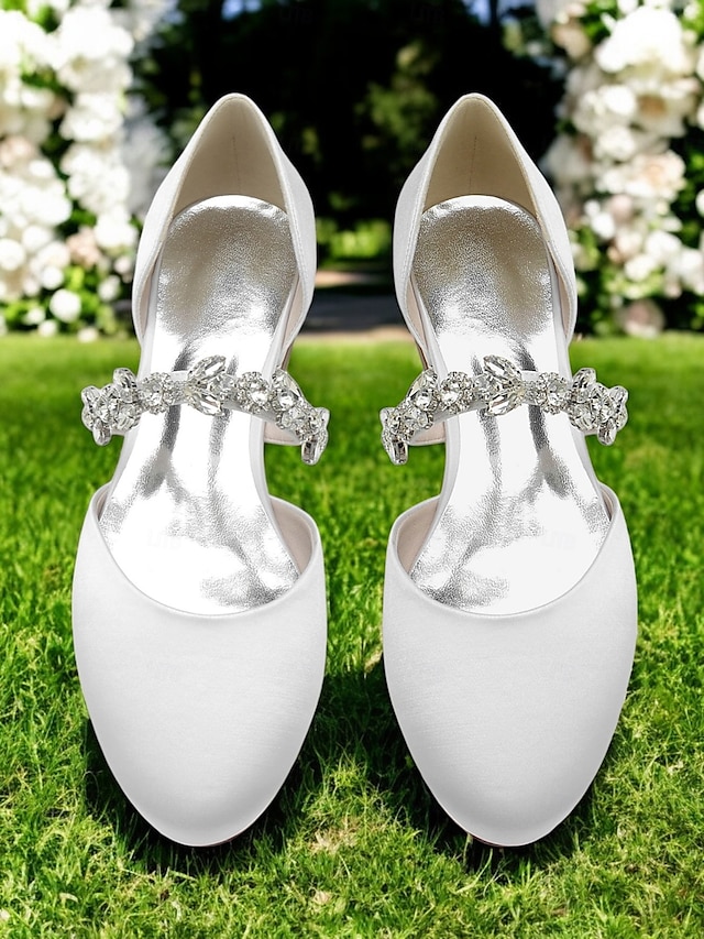  chaussures de mariage fermées en satin blanc avec bride à la cheville en strass - mariée pour occasions spéciales