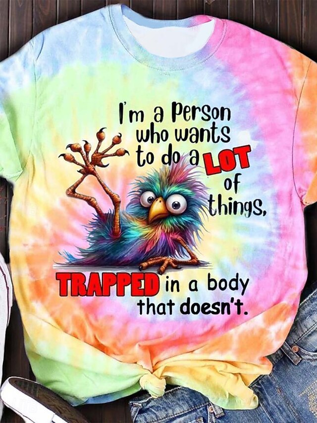 Women's T Shirt Tie Dye Letter Casual Short Sleeve Round Neck Regular Tops Daily Print Rainbow Summer4