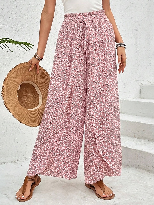  Kvinnors vida chinos baggy byxor semester mode full längd hög midja blommig elastisk midja tryck komfort utomhus mikro-elastisk semester gata avslappnad svart vit rosa khaki sommar vår