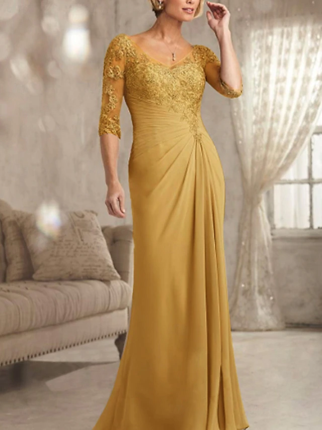 Sheath Mother of the Bride Dress Wedding Guest Plus Size Sexy See Through V Neck Floor Length Chiffon Lace Half Sleeve with Lace dress to impress 12